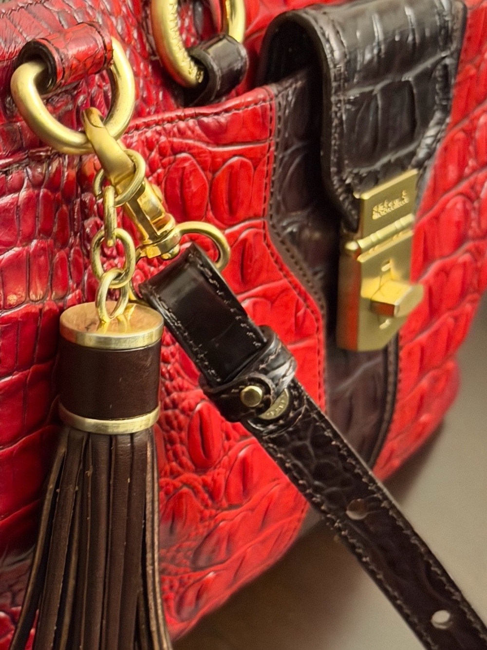 Exquisite Brahmin Red Croc-Embossed Satchel with Dark Brown Trim & Gold Hardware - Picture 3 of 4